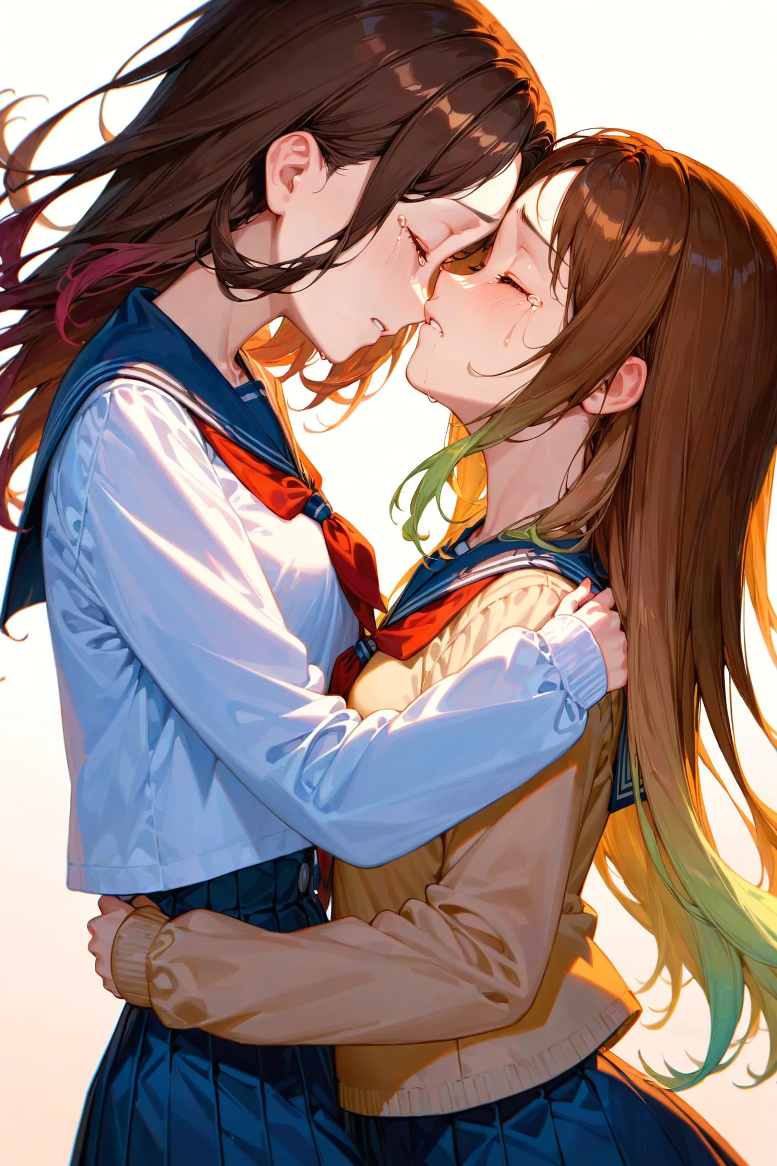 score_9, score_8_up, score_7_up, 2girls, yuri, sunset, school uniform, brown hair, closed eyes, crying, crying with eyes o...